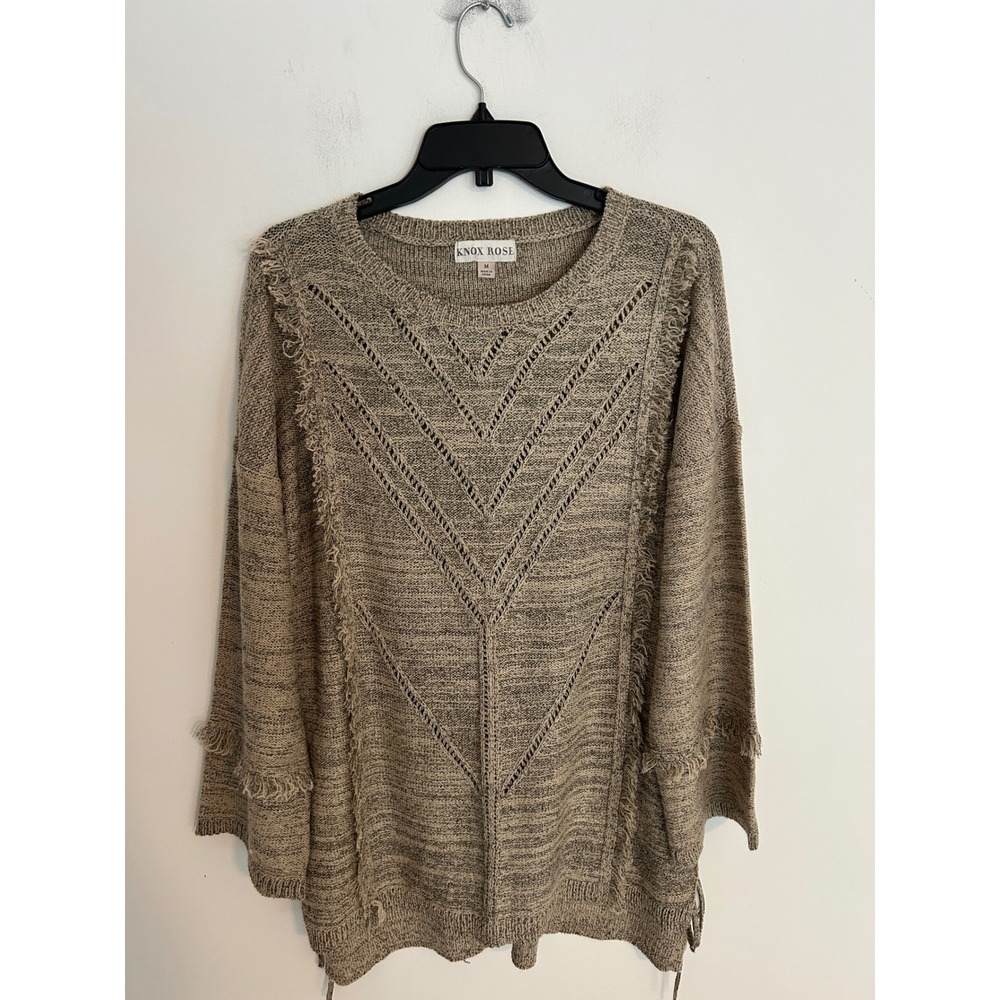 Knox Rose Boho Fringe Pointelle Knit Sweater Tan Gray Lace Up Side Ties Medium‎